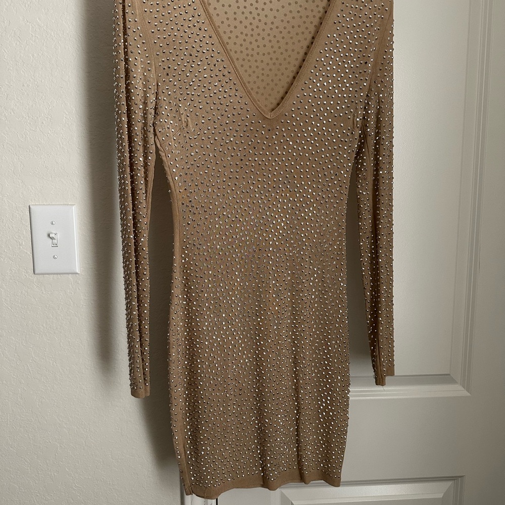 Fashion Nova Tan Gold Bodycon Dress V-Neck Long Sleeve